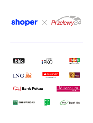 Shoper Płatności: Płatności online w tym sklepie obsługują Przelwy 24. Miniatury dostępnych metod: blik, płacę z iPKO, bank Pekao, Santander, mBank - mTransfer, ING, Millenium, PNP PARIBAS.